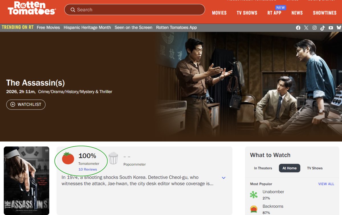 forlmhonly's tweet photo. The Korean movie Assassin(s) directed by HeoJinho, which is currently going through controversy and difficulties domestically, has received a 100% “Tomatometer” score on Rotten Tomatoes, demonstrating its artistic quality.

On 2 October, Assassin(s) recorded a 100% freshness score on Rotten Tomatoes.

Looking at reviews from international critics: “It was an exciting and entertaining film that completely drew me in. There wasn’t a single moment from beginning to end when I felt bored.”

Another reviewer praised the investigative aspect: “Watching the highly skilled and principled journalists and detectives work together to uncover the truth provides an enormous sense of catharsis. It brings to mind the investigative process portrayed in David Fincher’s Zodiac.”

Another review highlighted the film's historical setting and universal themes: “While this story focuses closely on the characteristics of Korea’s particular historical period, paradoxically, it also encourages audiences to look at the universal significance contained within it.”

Another reviewer praised the film's overall filmmaking: “It has everything; actors who radiate intense energy, a dynamic screenplay, the pleasure of unexpected twists, nail-biting action, and beautifully crafted scenes filled with sincere human moments that completely draw you into the story.”

Because of these qualities, international critics gave the film very high scores.

https://t.co/HXdjAaVPIZ