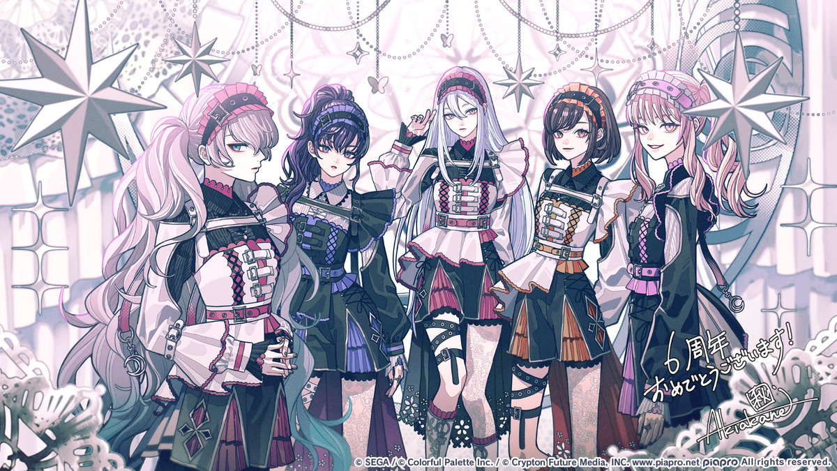 pj_sekai's tweet photo. 🌟プロセカ6周年記念イラスト🌟
イラストは秋赤音（@_akiakane）さんに担当いただきました🎨

記念イラストに使用している限定衣装がついてくる、25時、ナイトコードで。プレミアムプレゼントガチャも開催中🎉

※限定ライブ衣装は今後再登場する可能性があります
#プロセカ #プロセカ6周年イラスト https://t.co/ICuKqPZGJf