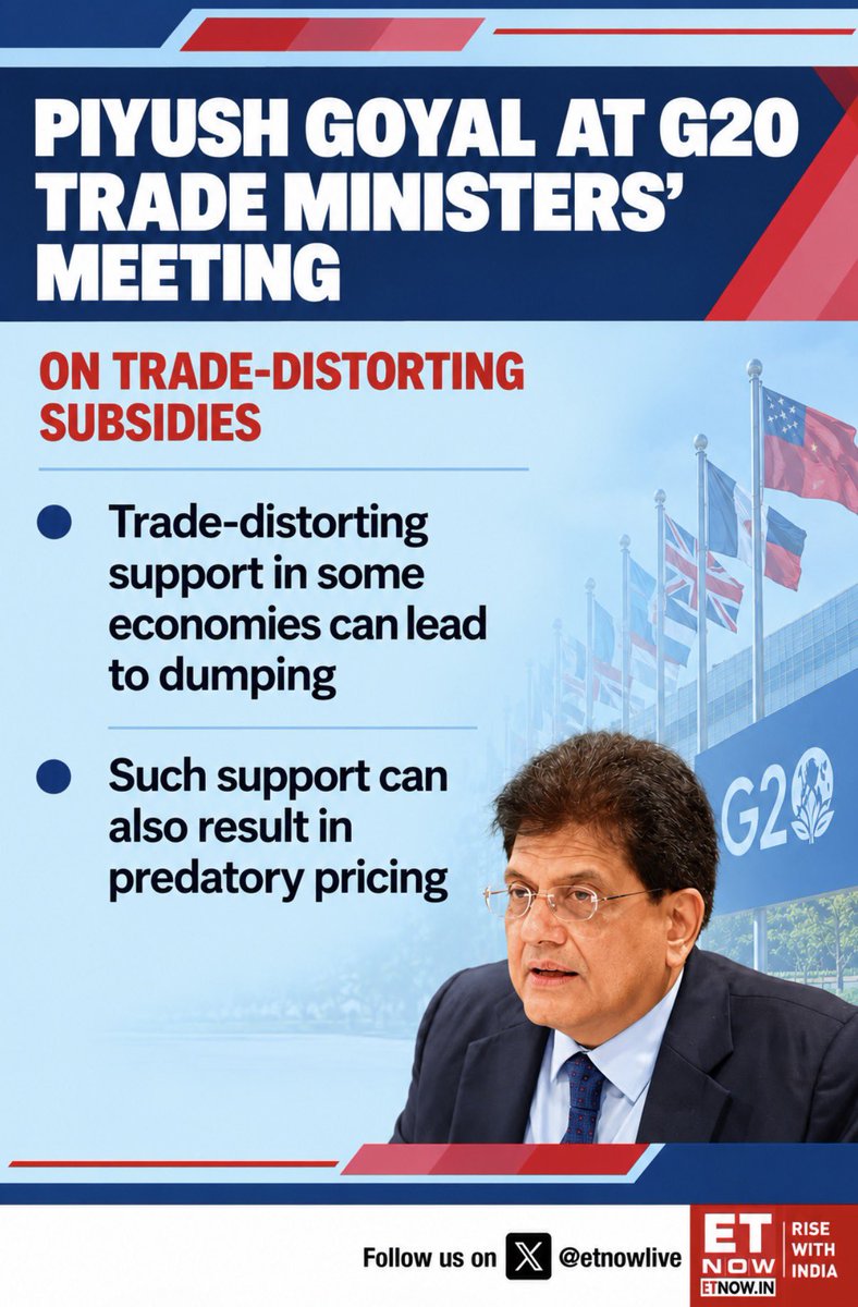 ETNOWlive's tweet photo. Commerce Minister Piyush Goyal On Structural Excess Capacity & Trade-Distorting Subsidies
#PiyushGoyal #G20 #Trade #Manufacturing #Subsidies #GlobalTrade #ETNOW @PiyushGoyalOffc @PiyushGoyal @CimGOI https://t.co/ZINs1AMgHW