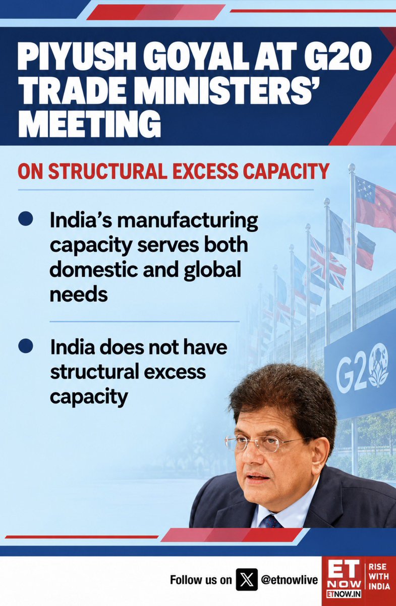 ETNOWlive's tweet photo. Commerce Minister Piyush Goyal On Structural Excess Capacity & Trade-Distorting Subsidies
#PiyushGoyal #G20 #Trade #Manufacturing #Subsidies #GlobalTrade #ETNOW @PiyushGoyalOffc @PiyushGoyal @CimGOI https://t.co/ZINs1AMgHW