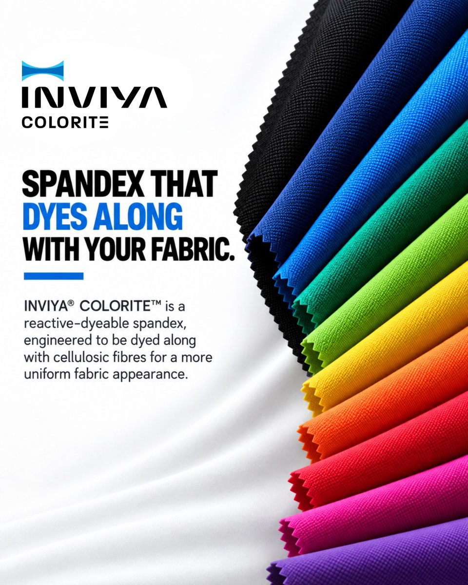 inviyaindorama's tweet photo. When fabric stretches, your spandex shouldn’t stand out.
INVIYA® COLORITE™ is reactive-dyeable spandex designed to help minimize grin-through, improve shade integration and support a more uniform fabric appearance.
#INVIYA #COLORITE #SpandexInnovation https://t.co/jNXMpExC3v