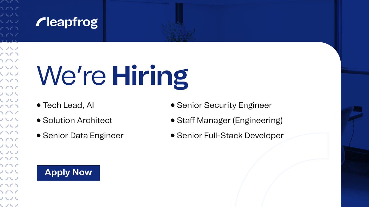 lftechnology's tweet photo. Build what’s next with us! ✨

We’re expanding our team with curious minds and sharp talent across modern engineering, security, and data. If you love solving complex problems with smart technology, this might be for you.

Which role is yours?
📌 Solution Architect
📌 Senior Security Engineer
📌 Senior Data Engineer and more

👉 Check out the open positions and apply now: https://t.co/UeHULwx8Iz

#Hiring #Vacancy #LeapfrogTechnology #SoftwareEngineering #ITjobs