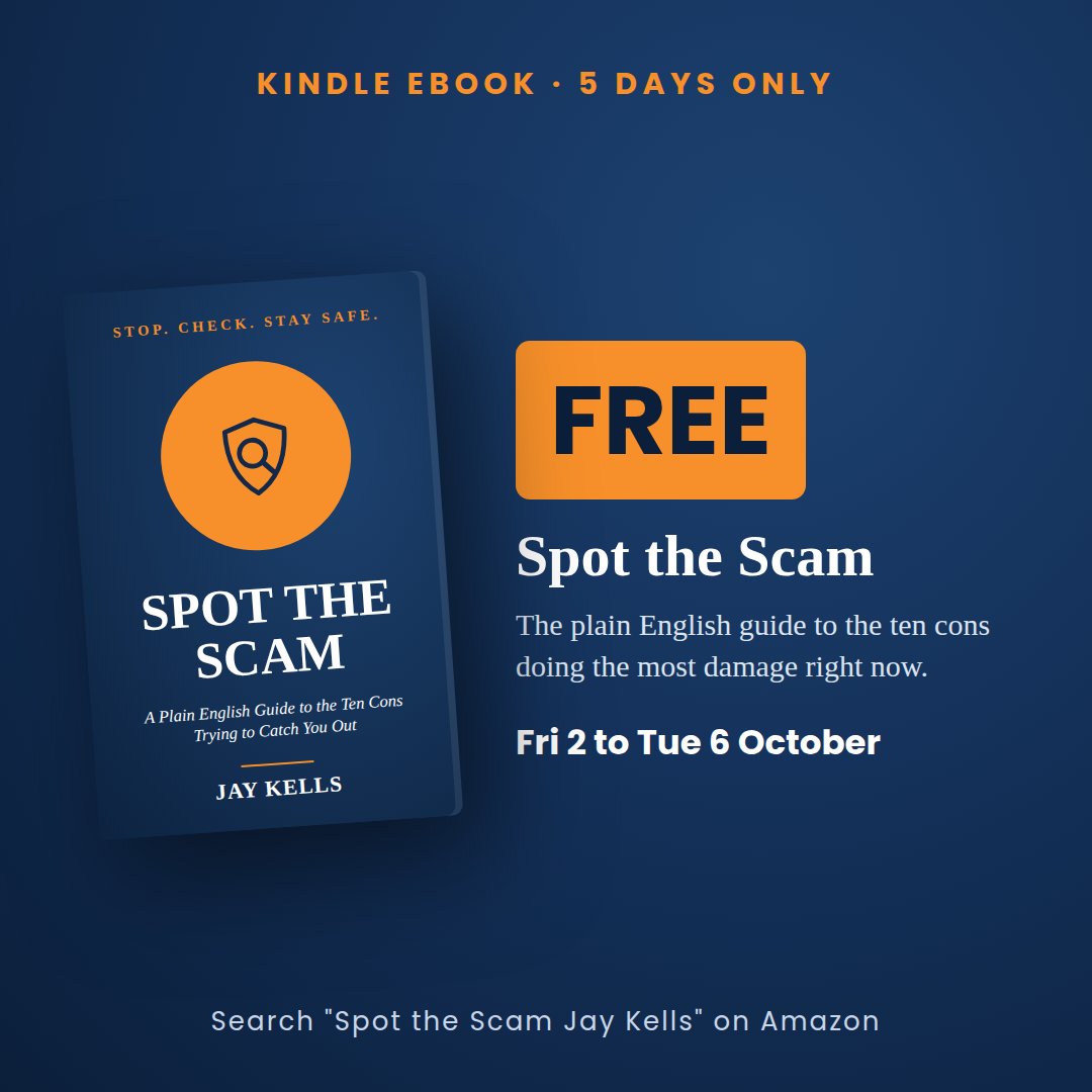 kellssecurity's tweet photo. My book Spot the Scam is FREE on Kindle until Tuesday 6 October. It's a plain-English guide to the ten scams doing the most damage right now, from fake tech support calls to AI voice cloning to the "Hi Mum" text. Grab it here: https://t.co/EjzcaQlqzk https://t.co/4HulOUeey6