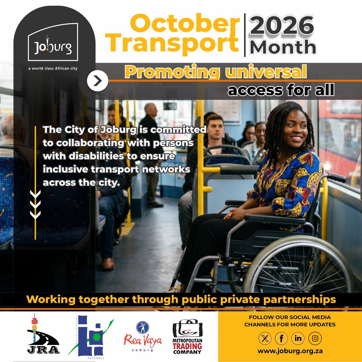 MyJRA's tweet photo. October is Transport Month, and this year we are committed to promoting universal access for all.

​Through public-private partnerships, we are building a city that works for everyone. ​@CityofJoburgZA @ReaVayaBus #TransportMonth #JoburgTransport https://t.co/qr6fwpiRWt