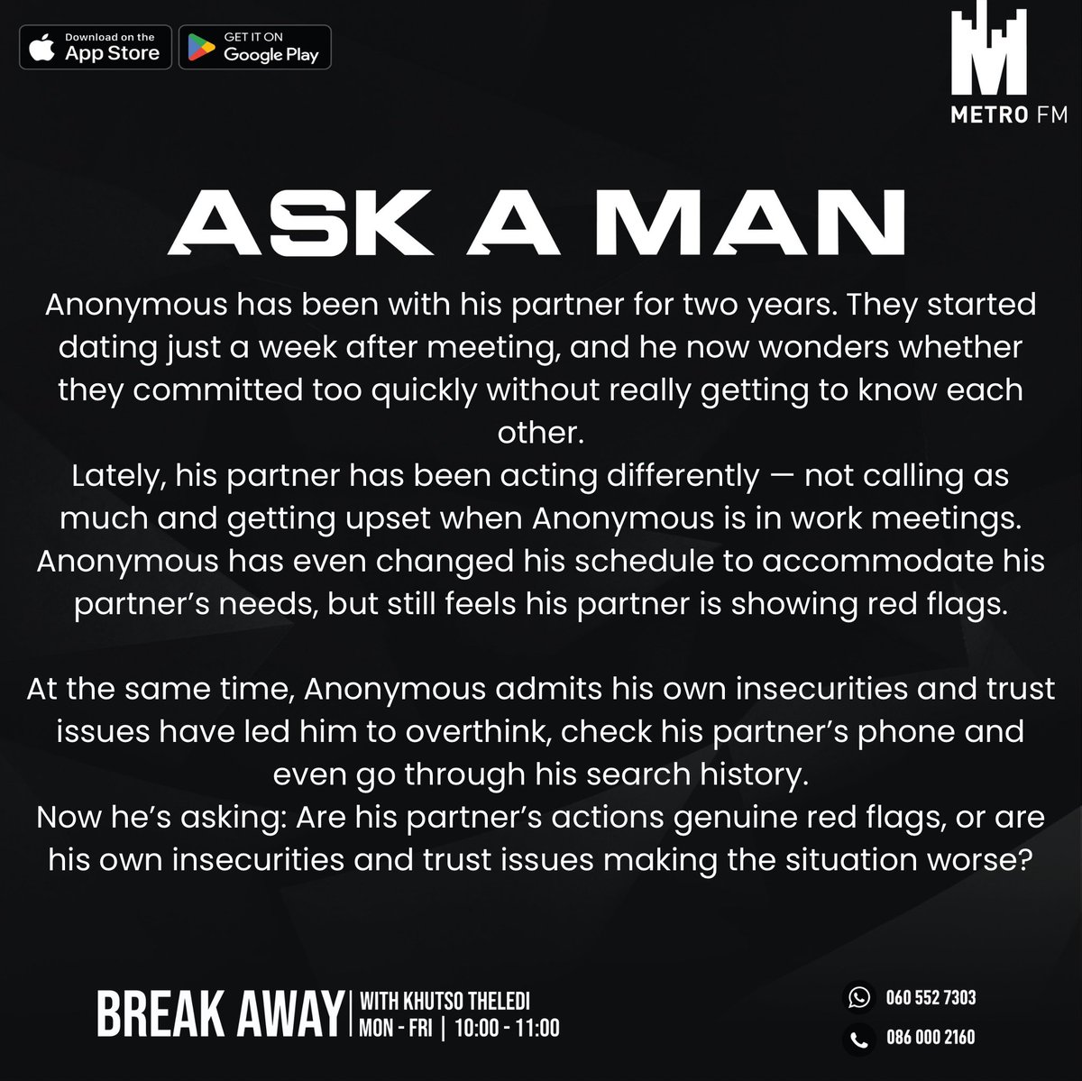 METROFMSA's tweet photo. #AskAMan Summary with @Somizi and @naked_dj on #BreakAway With @KhutsoTheledi

📲：060 552 7303
☎️：086 000 2160

If you missed it you can catch it on https://t.co/lVVYaa1hOj https://t.co/NCy07Of5i8