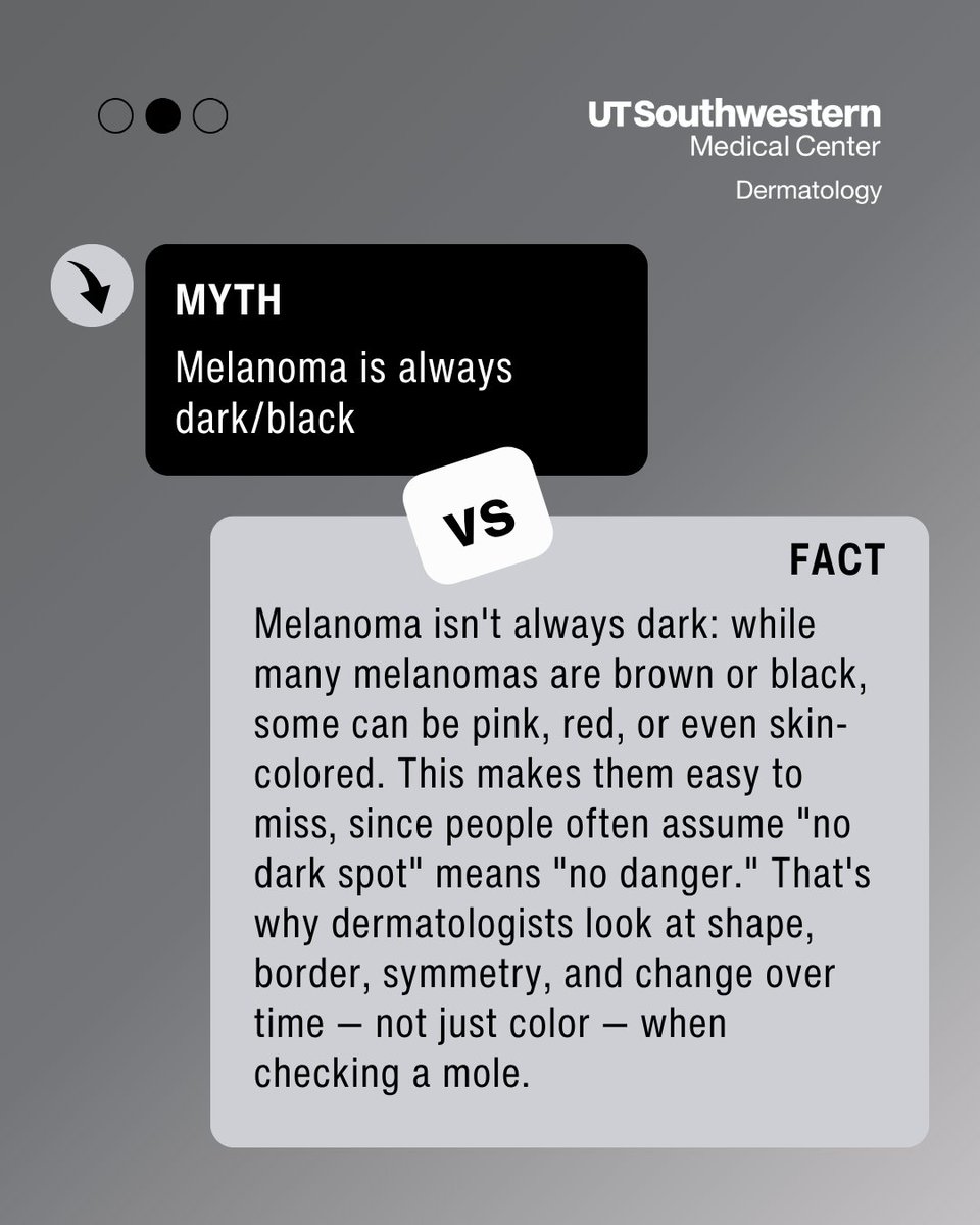 UTSWDerm's tweet photo. Myth: Melanoma is always dark or black.
Fact: It can also be pink, red, or skin-colored,  easy to miss if you're only looking for dark spots. Check shape, border, symmetry &amp; change, not just color.

🔬 With Mohs Fellow Dr. Alec Gramann. 
#SkinCareAwarenessMonth https://t.co/b9N3OmHCgF