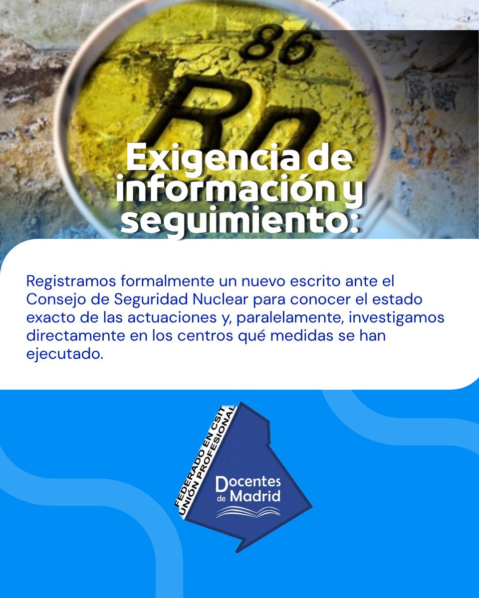 docentes_CSIT's tweet photo. Desde Docentes de Madrid, federado en CSIT UNIÓN PROFESIONAL, informamos de que hemos ampliado la denuncia por la falta de mediciones de gas radón en centros educativos de la Comunidad de Madrid, solicitando información sobre el estado de las actuaciones. https://t.co/snUFcHptJe