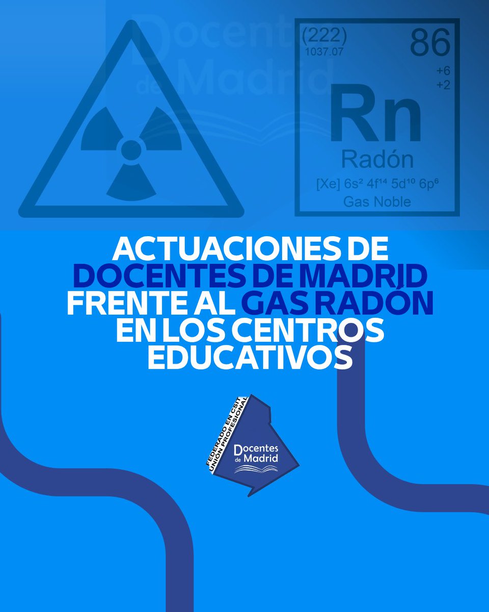 docentes_CSIT's tweet photo. Desde Docentes de Madrid, federado en CSIT UNIÓN PROFESIONAL, informamos de que hemos ampliado la denuncia por la falta de mediciones de gas radón en centros educativos de la Comunidad de Madrid, solicitando información sobre el estado de las actuaciones. https://t.co/snUFcHptJe