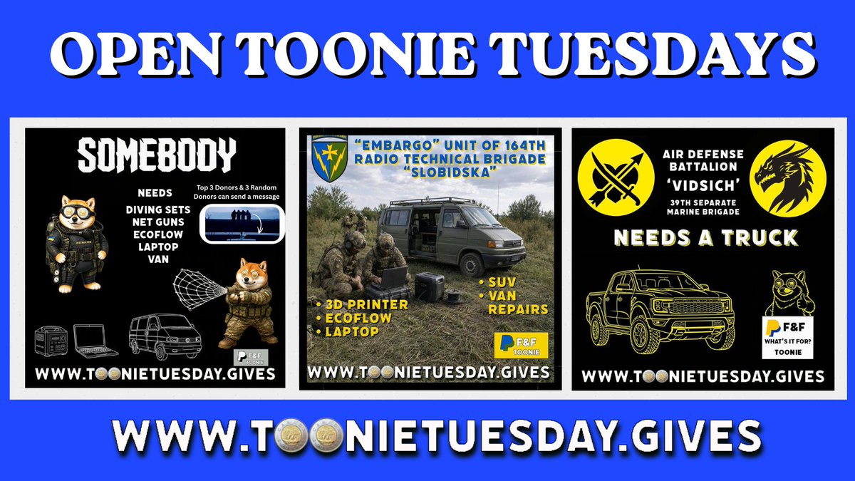 toonie_tuesday's tweet photo. 🌅 OPEN TOONIE TUESDAYS - The day’s already in motion for some and just beginning for others, but one thing’s certain: Fiver Friday is on! 

We’ve got 3 Open Toonie Tuesdays needing some love:

SOMEBODY -  $8,976/$17,960 ($8,984 needed) Needs: Laptop, EcoFlow, diving gear, van.Update: Both net guns delivered and in use.

PP: Bogdan.nelen@gmail.com

HOTOKE - $7,787/$10,000 ($2,213 needed) Updates: 3D printer, EcoFlow, and vehicle delivered (video later today). Still needed: Laptop, vehicle repairs.

PP: myifix.gg@gmail.com

VIDSICH -  $6,322/$15,000 ($8,678 needed) Needs: Heavy‑duty truck.

PP: adf.charity@gmail.com (needs Toonie link in comments)

Drop a fiver if you can. If not, sharing keeps these Toonies moving as the day rolls forward.  Links to each Toonie are in the comments. Slava Ukraini. 🇺🇦

FiverFriday • ToonieTuesday • TooniacsRock
