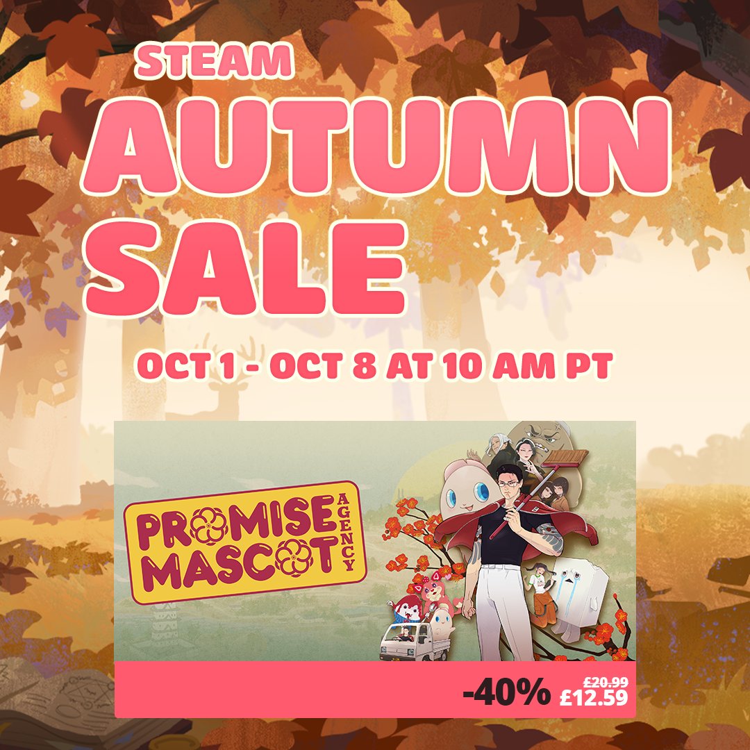 KaizenGameWorks's tweet photo. It's the Steam Autumn Sale! We're selling 100% human-made games that we poured our hearts and soul for a silly cheap price! 🤑

Paradise Killer is 75% off and Promise Mascot Agency is 40% until October 8th.

Thanks for funding our next batch of shenanigans! 🫵💗

#SteamAutumnSale https://t.co/oXJxDAjmK7