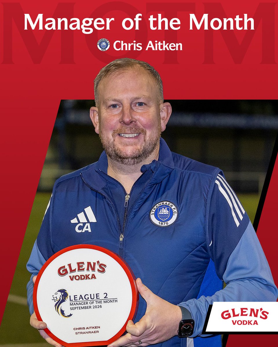 spfl's tweet photo. 🏆 Congratulations to @StranraerFC's Chris Aitken!  

Your @GlensVodkaLLG League 2 Manager of the Month for September 👏 https://t.co/X6CWZNKpSu