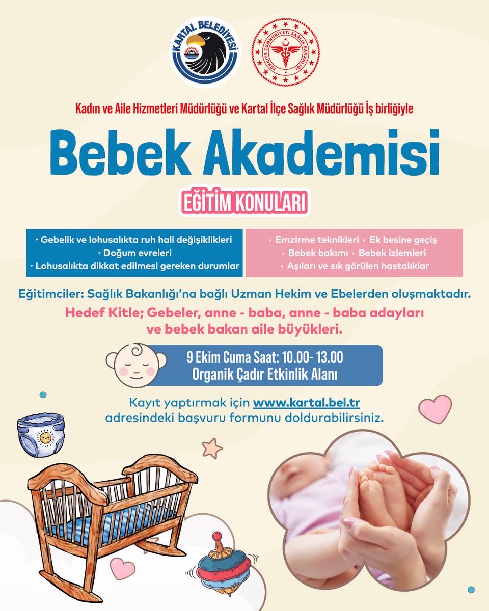 kartalbld's tweet photo. Bebek Akademisi Başlıyor! 👶

Gebelik, doğum ve bebek bakımına dair uzman eğitimcilerle gerçekleştireceğimiz programımıza tüm anne-baba, anne-baba adaylarını ve bebek bakan aile büyüklerini bekliyoruz.

📍 Yer: Organik Çadır Etkinlik Alanı
🗓️ Tarih: 9 Ekim Cuma
⏰  Saat: 10.00 – 13.00

💻 Kayıt için: https://t.co/aFLTdCRcmS