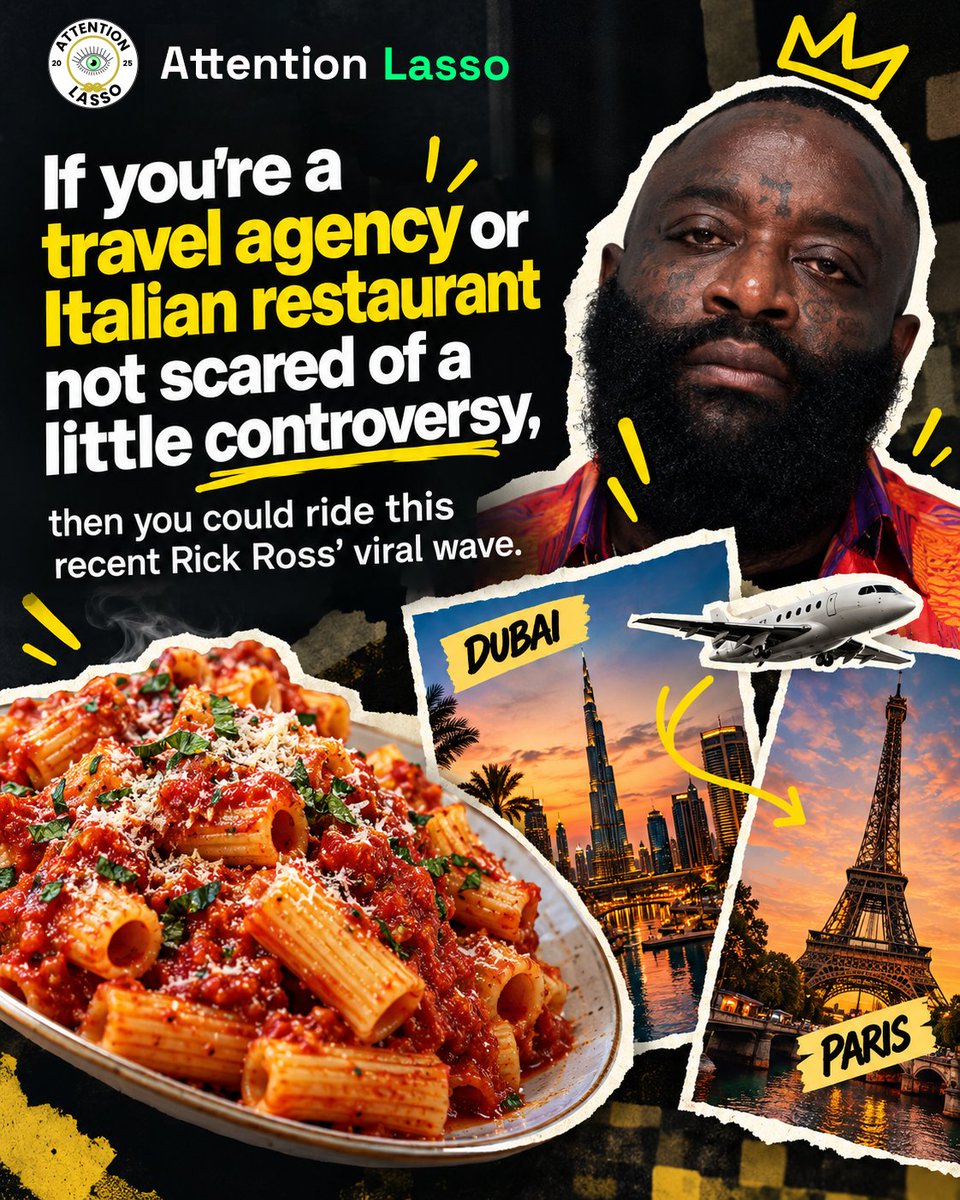 attentionlasso's tweet photo. Rick Ross said Dubai. Paris. Rigatoni. Heavy on the marinara.

Travel agencies: ✈️
Italian restaurants: 🍝
Marketers: 👀

Meanwhile, your brand:
“Happy Friday from the team! 🎉”

Attention has a short expiry date. https://t.co/0MjvyQTu9x