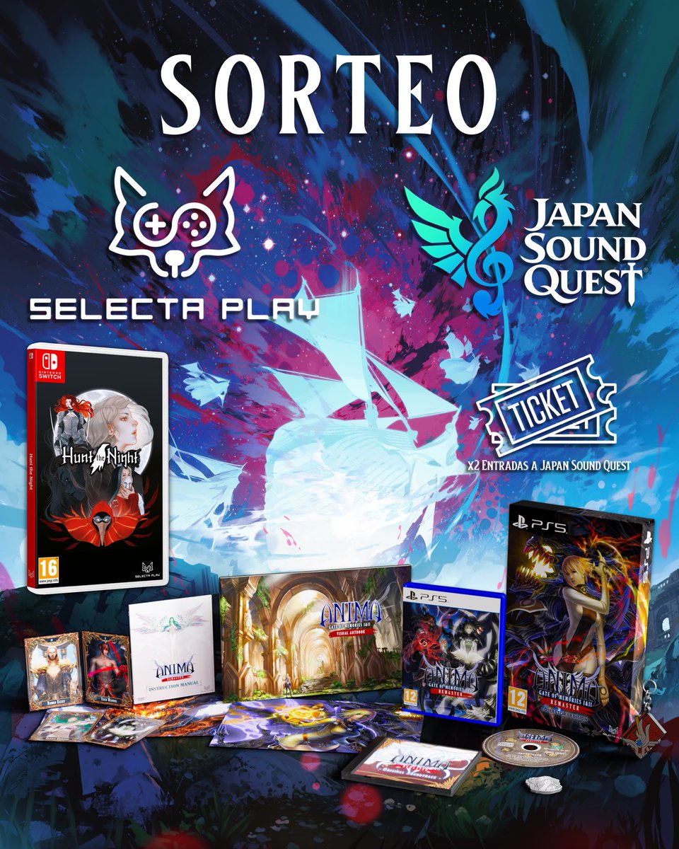JapanSoundQuest's tweet photo. 🎁 ¡SORTEO con @SelectaPlay! 🎁

Para participar simplemente: 
🔁 RT 
➡️ Sigue a @JapanSoundQuest y @SelectaPlay 

Consigue un par de entradas para el evento musical del año y además, los siguientes juegazos: 

➡️ Edición Física coleccionista de Anima Gate of Memories I&II Remaster para PlayStation 5  
➡️ Edición Física estándar de Hunt The Night para Nintendo Switch