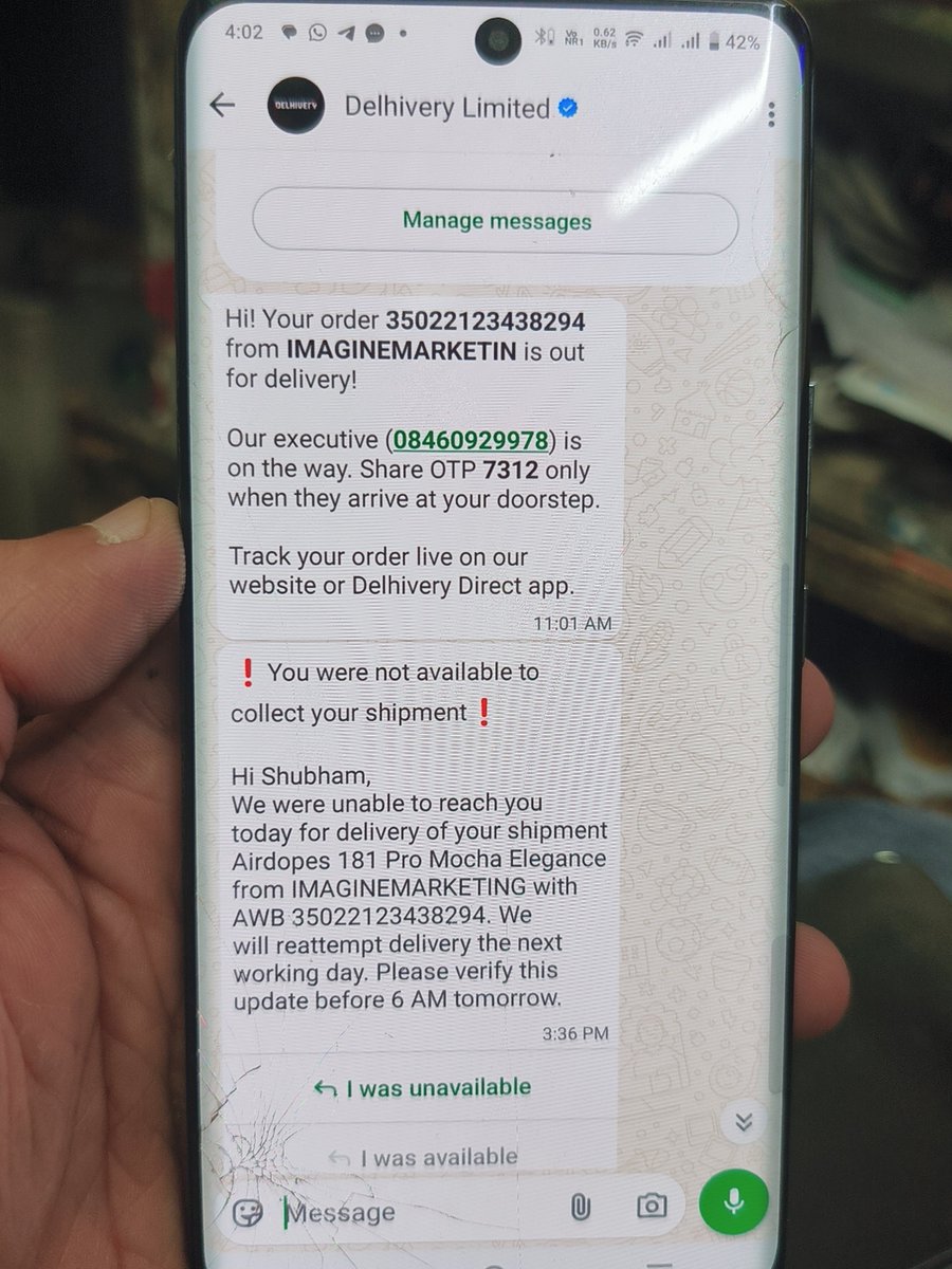 Shubha33214's tweet photo. @RockWithboAt @delhivery 
Didn't recive any call not the delivery boy come still he refuse to deliver
Now I call delivery boy he said I didn't call you due to busy schedule
What's my fault https://t.co/H0tFmaoAN7