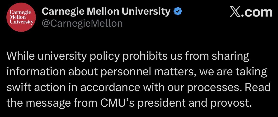 Brash_1's tweet photo. Today marks 3 full weeks since @CarnegieMellon’s employee wished death on a white man so she could perform a celebratory dance. 

The university assured us it would take swift action, but many of us viewed that assurance with skepticism because we knew this wasn’t the first time Uju Anya had engaged in this type of behavior. We knew she made similarly vile remarks in 2022 and CMU took no action against her. 

It looks like our skepticism was justified.