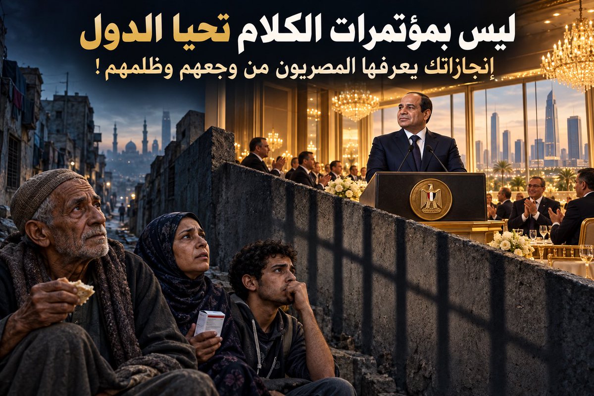 OsamaRushdi's tweet photo. ليس بمؤتمرات الكلام تحيا الدول.. إنجازاتك يعرفها المصريون من وجعهم وظلمهم!
⸻
إذا كان السيد المسيح نسب اليه قوله: «ليس بالخبز وحده يحيا الإنسان»، فإن الدول أيضًا لا تحيا بالخطب والمؤتمرات، ولا تُبنى بالتصفيق والأغاني وأفلام الدعاية.

الإنسان يحتاج إلى الحرية والكرامة إلى جانب رغيف الخبز الذي بات صعبا الحصول عليه، والدولة تحتاج إلى العدل والمحاسبة إلى جانب عمرانها؛ فماذا يبقى حين يُحرم المواطن من الخبز والحرية معًا، ثم يُطلب منه التصفيق؟!

صفق يا ولد انت وهو للإنجازات!!
فقد أمر #السيسي تنظيم مؤتمر لعرض إنجازته المزعومة بأحد فنادق العاصمة الجديدة الفخيمة، في الفترة من 19-23 أكتوبر، وكأن ما ينقص المصريين هو مؤتمر آخر، ومكلمة جديدة يخبرهم فيه كم هم سعداء، وكم أصبحت حياتهم رائعة تحت حكمه!!

سيحشدون من يختارونهم من جوقة النفاق، ليصفقوا ويطبلوا أمام الشاشات والأضواء، بينما يعيش ملايين المصريين خارج هذه القاعات معركة يومية لتدبير الطعام والدواء ومصاريف تعليم أبنائهم. احتفال داخل الفندق الفخم، وشعب يدفع الفاتورة خارجه.. كأنهم يرقصون على آلام الناس وجراحهم!

إنجازاتك يا سيسي لا تحتاج إلى مؤتمر؛ فالمصريون يشعرون بها كل يوم في جيوبهم الخاوية، وموائدهم الناقصة، وأحلام أبنائهم المؤجلة. يعرفونها حين يقفون أمام أسعار الدواء عاجزين، وحين يستدين الموظف قبل منتصف الشهر، وحين يقضي صاحب المعاش عمره في العمل ثم يعجز عن تدبير احتياجاته الأساسية.

يعرفون «إنجازاتك» في الديون التي أثقلت البلاد ورهنت مستقبل الأجيال، وفي بيع الأصول بدلًا من بناء اقتصاد منتج، وفي التفريط في تيران وصنافير، وفي حصيلة إدارتك لملفات ثروات المتوسط ومياه النيل. ويعرفونها في تبديد المال العام على القصور والطائرات الخاصة، والمشروعات الاستعراضية، بينما تطالبهم بالصبر والتقشف وشد الأحزمة!

أما «إنجازاتك» في الحريات، فتشهد عليها السجون التي توسعت في بنائها، والأعمار التي تُهدر خلف أسوارها. علماء ومثقفون وصحفيون ونشطاء وأصحاب رأي، شباب وشيوخ ونساء، وعائلات كاملة أنهكها الخوف والانتظار. فهل ستعرض في مؤتمرك صور هؤلاء، أم أن أفلام «الإنجازات» لا تتسع لوجوه الضحايا؟!

وهل ستسمح لمن خسر حريته أو رزقه أو بيته أن يصعد إلى المنصة؟ هل سيجلس أهالي المعتقلين في الصفوف الأولى؟ وهل يستطيع مواطن أن يقف أمامك ليقول لك أنت مسؤول عن معاناتنا، ثم يعود إلى بيته آمنًا؟!

مهما أنفقت على المؤتمرات، ومهما استعنت بشركات تُعدّ لك الأفلام والرسوم والموسيقى والأغاني، فلن تُطعم الشاشة جائعًا، ولن يعالج التصفيق مريضًا، ولن تُخفي الإضاءة الباهرة عتمة الزنازين. ولن يتحول الفشل إلى نجاح لأن مذيعًا قرأ نصًا حماسيًا، أو لأن جمهورًا منتقى وقف يصفق!

كشف الحساب الحقيقي يبدأ بسؤال الناس عن حياتهم، وبإتاحة المعلومات ومناقشة القرارات ومحاسبة المسؤولين. أما أن تختار من يسألك، وتحدد له ما يسأل، ثم تقدم لنفسك شهادة النجاح، فهذه دعاية يدفع تكلفتها الشعب الذي تحجب صوته.

إن كنت واثقًا من إنجازاتك، فانزل إلى الشارع واعقد مؤتمرك بين الناس. واجه العامل الذي لا يكفيه راتبه، والأم التي تعجز عن شراء الدواء، والشاب الذي يبحث عن أي طريق للهجرة، والأب الذي ينتظر ابنه خلف أبواب السجون.

اخرج من وراء الأسوار والحواجز، وواجه مصر التي تركتها مثقلة بالديون والأوجاع، وانتقلت إلى عاصمتك المحصنة بعيدًا عن غضبها. اسمع المصريين دون أن تنتقي الأجهزة وجوههم وكلماتهم، ودون أن يخشى من يسألك أن يدفع حريته ثمنًا لسؤاله.

الدول تحيا بالعدل والحرية والإنتاج وكرامة مواطنيها. والإنجاز الذي لا يشعر به الناس في حياتهم لن تصنعه لهم منصة، ولن تثبته أغنية، ولن يمنحه التصفيق شهادة وجود.

الشعب ليس جمهورًا في مؤتمرك يا سيسي.. إنه صاحب البلد، ومن حقه أن يسألك ويحاسبك، ويصارحك بحقيقة فشلك وان يطلب منك ان ترحل لإنقاذ سفينة الوطن قبل فوات الأوان.
#ارحل_ياسيسي