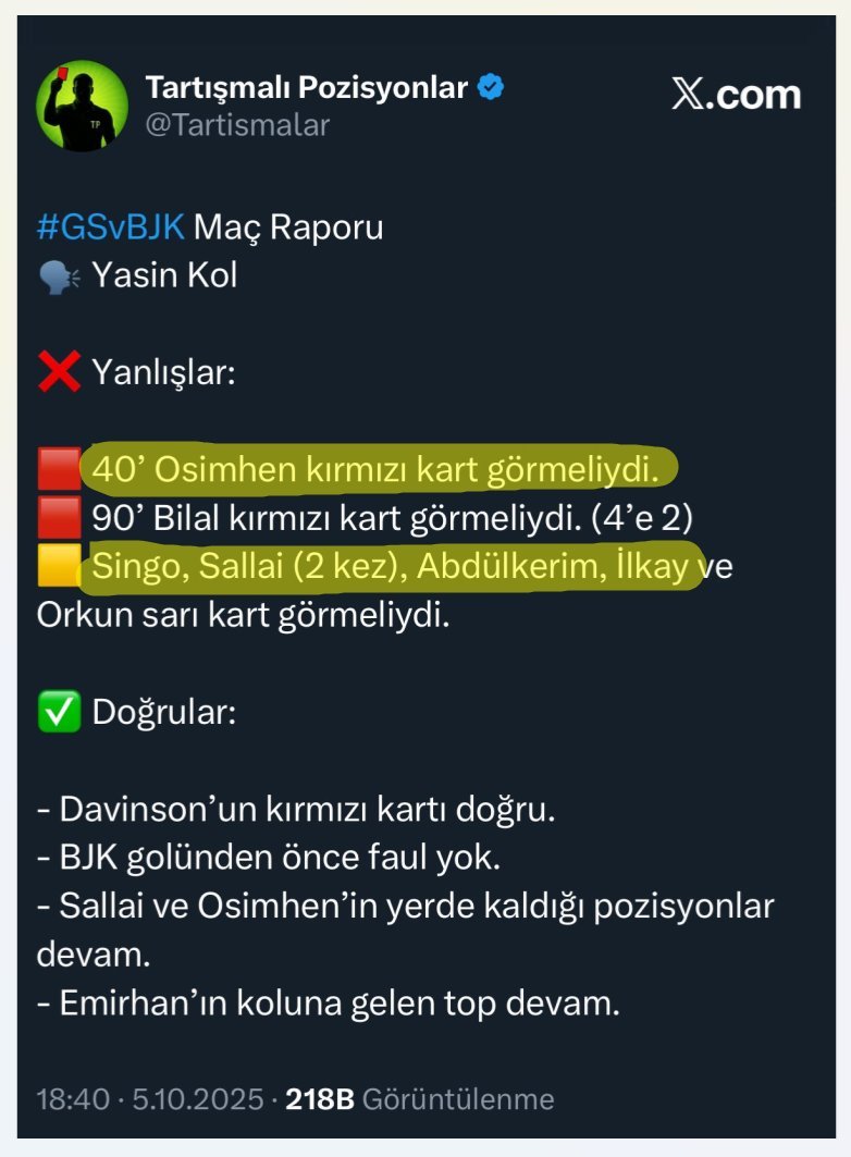 Fenerli_Gaucho's tweet photo. Yasin Kol'un yönettiği o maçın TRİO + Fırat Aydınus + Bünyamin Gezer + Deniz Ateş Bitnel raporu: 

- Osimhen ilk yarıda kırmızı kart görmedi.
- Sallai 2 kere sarı kart görmedi.
- Galatasaray'a 5 sarı kart gösterilmedi. https://t.co/GVn4uSaBYF