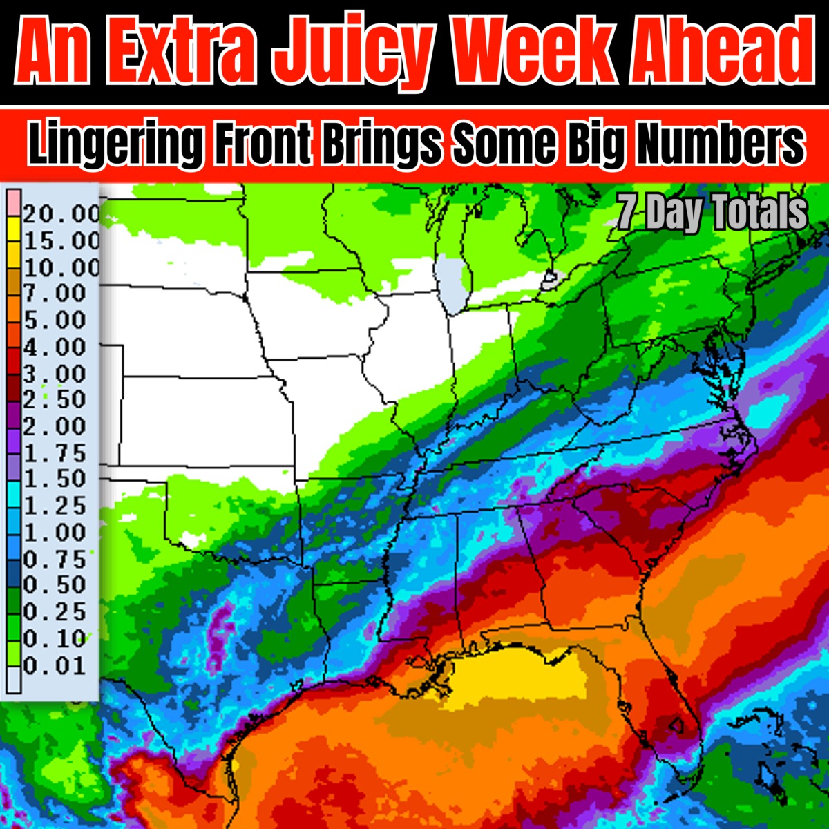 tropicalupdate's tweet photo. WOW! Some big numbers here... for some. Rainfall totals here from NOAA the next 7 days. Not all at once and likely will be spread out over several days. A lingering front with tropical juice from the south all working together. The Keys already say this yesterday. https://t.co/0EQMEw6Iu0
