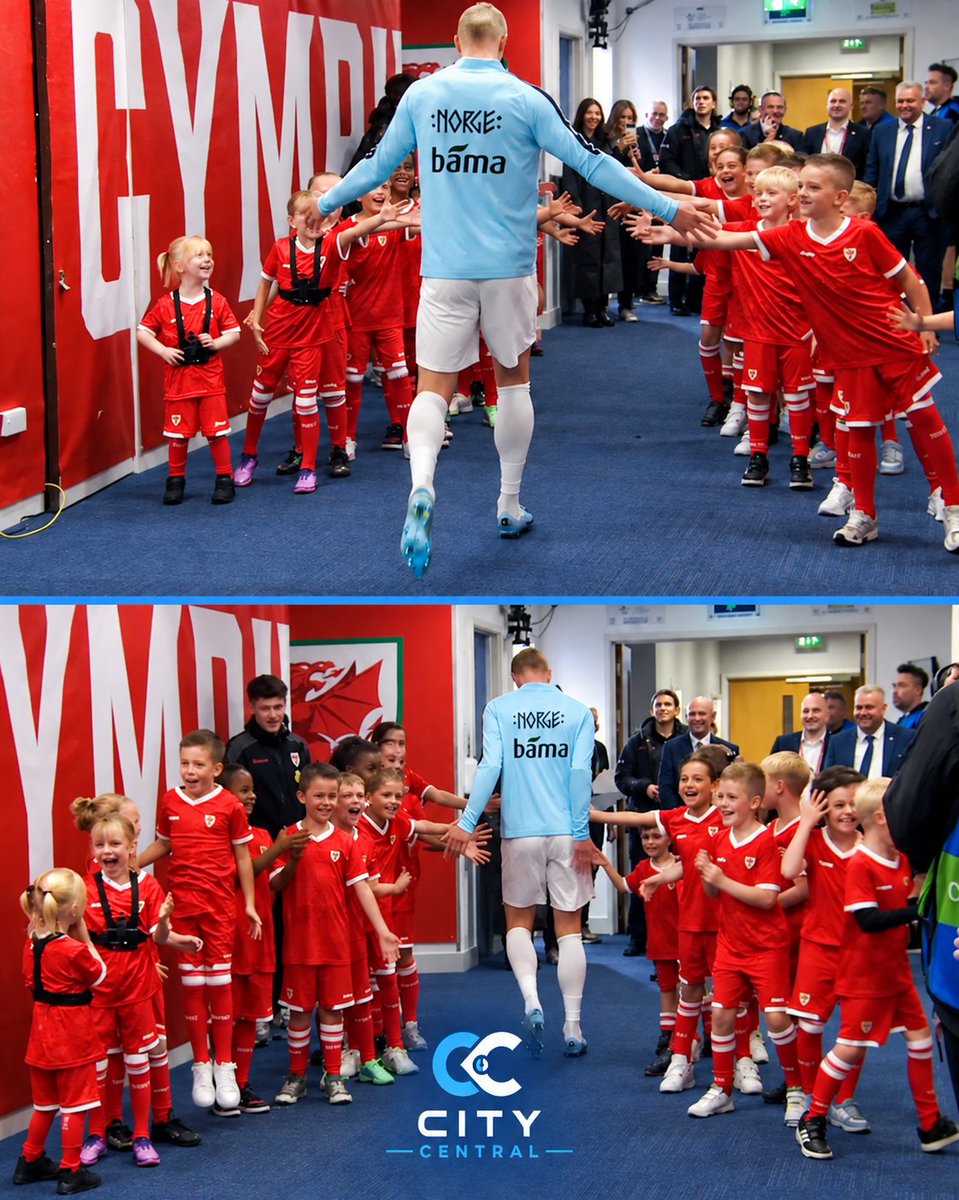 CityCentralHQ_'s tweet photo. These Wales mascots couldn't believe they got a high-five from ,@Erling 🤩🩵

#MCFC https://t.co/i7mFnpLWtg