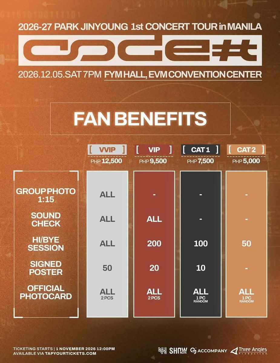 philconcerts's tweet photo. Seat plan, ticket prices, and fan benefits for PARK JINYOUNG 1ST CONCERT TOUR [CODE#] in MANILA, happening on December 5, 2026, at the FYM Hall, EVM Convention Center.

Tickets go on sale on November 1, 2026, 12PM via https://t.co/vuaR3VAvnv 🎫

#CODE_NUMBER_IN_MANILA
@Threeanglespro