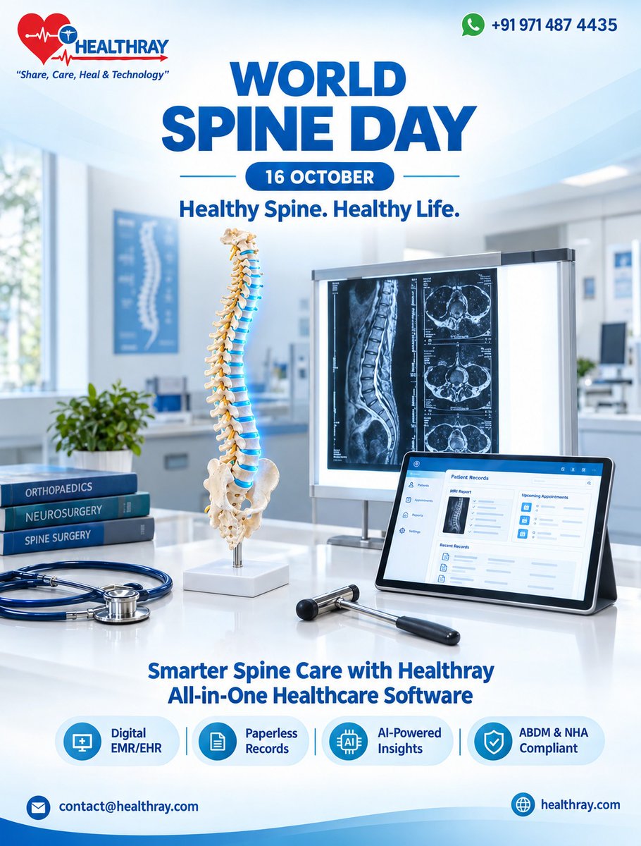 healthray_'s tweet photo. Healthy spine🦴 , healthy life. 

This #WorldSpineDay, Healthray helps doctors manage spine care with digital EMR, paperless records, AI-powered documentation, and ABDM compliance.

🌐 https://t.co/cWuiOXmKsa 
📲 +91 971 487 4435

#WorldSpineDay #Healthray #EMR #HealthTech https://t.co/ySuyuSGlPL