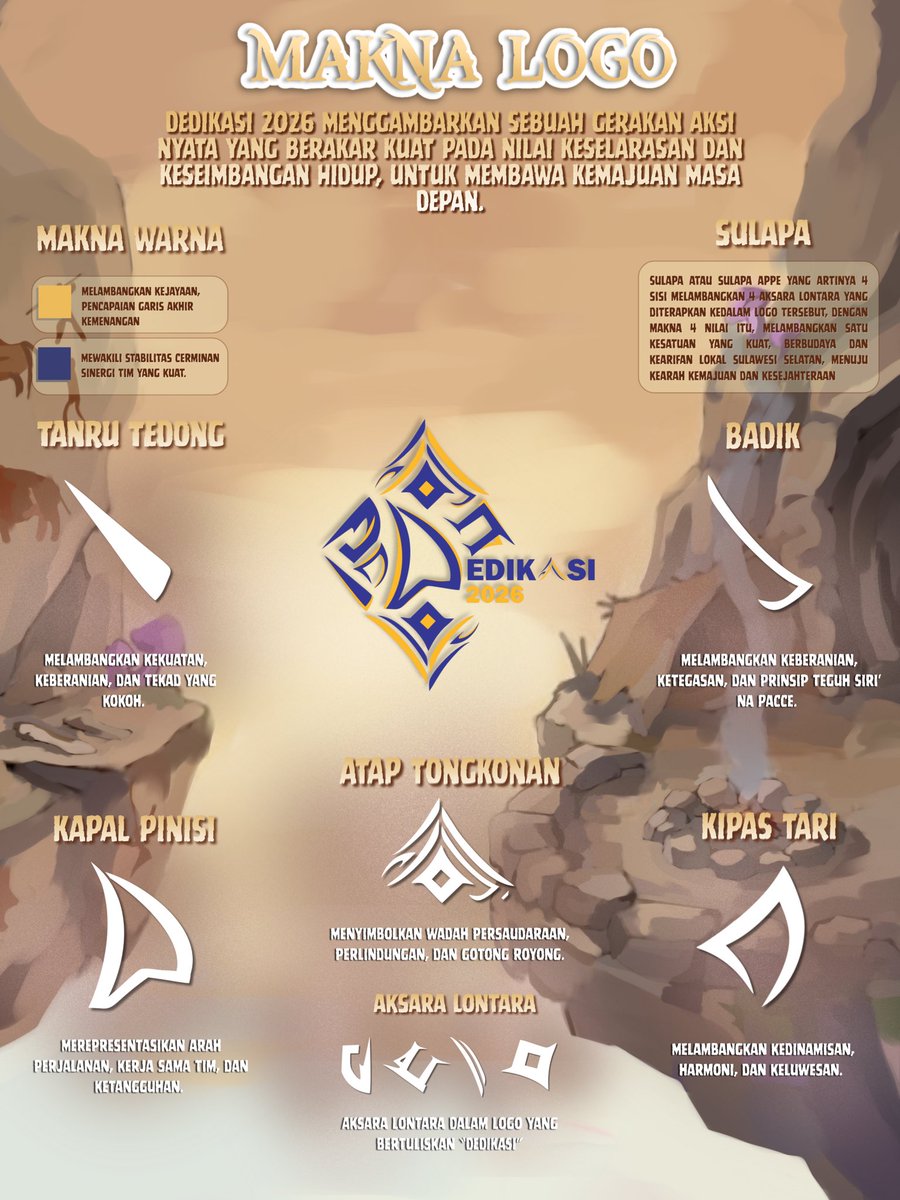 DEDIKASI2026's tweet photo. [MAKNA LOGO]

Logo DEDIKASI 2026 merepresentasikan kekuatan, keberanian, kebersamaan, dan semangat untuk terus melangkah. Berpadu dengan identitas serta kearifan budaya Sulawesi Selatan, setiap elemen menjadi simbol perjalanan dan tekad mencapai tujuan bersama.

#DEDIKASI2026 https://t.co/RwbqNCu15N