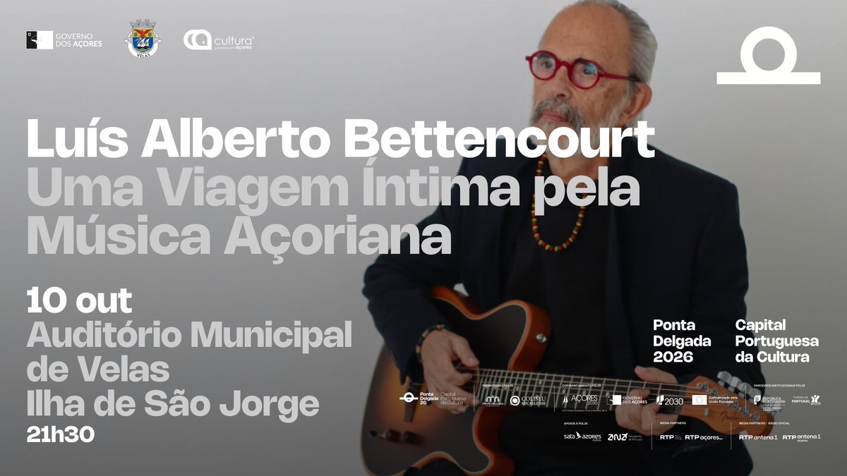 projacorent's tweet photo. Esta semana
10 out · Velas · 21h30
Lus Alberto Bettencourt
Uma Viagem íntima pela Música Açoriana
Auditório Municipal de Velas · Ilha de São Jorge https://t.co/guwroTrsYs