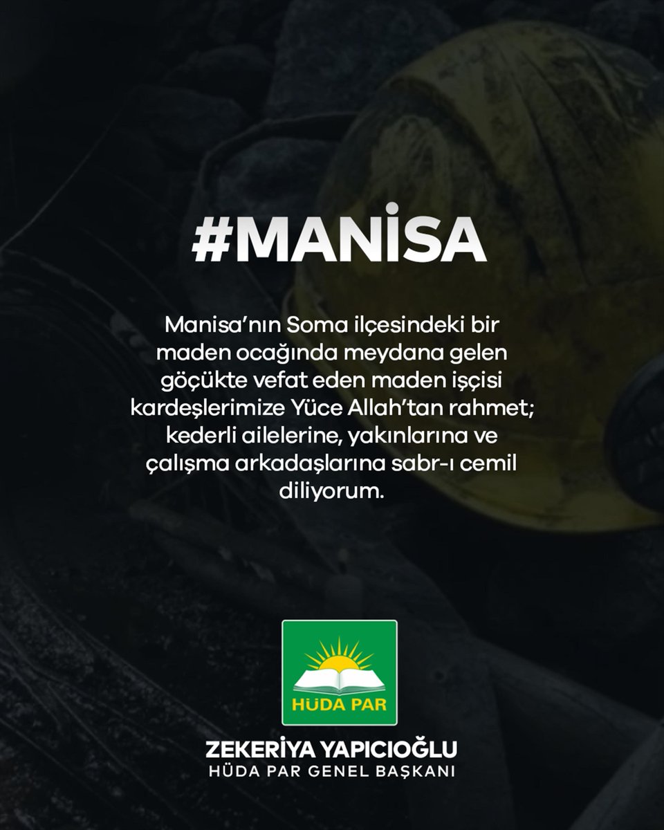 zyapicioglu's tweet photo. Manisa’nın Soma ilçesindeki bir maden ocağında meydana gelen göçükte vefat eden maden işçisi kardeşlerimize Yüce Allah’tan rahmet; kederli ailelerine, yakınlarına ve çalışma arkadaşlarına sabr-ı cemil diliyorum.

Alın teriyle rızkının peşinde olan işçilerimizin can güvenliği, her türlü kazancın ve hesabın üzerindedir.

Hadisenin titizlikle incelenmesini, ihmali bulunanlar varsa adalet önünde hesap vermelerini ve benzer acıların bir daha yaşanmamasını temenni ediyorum.