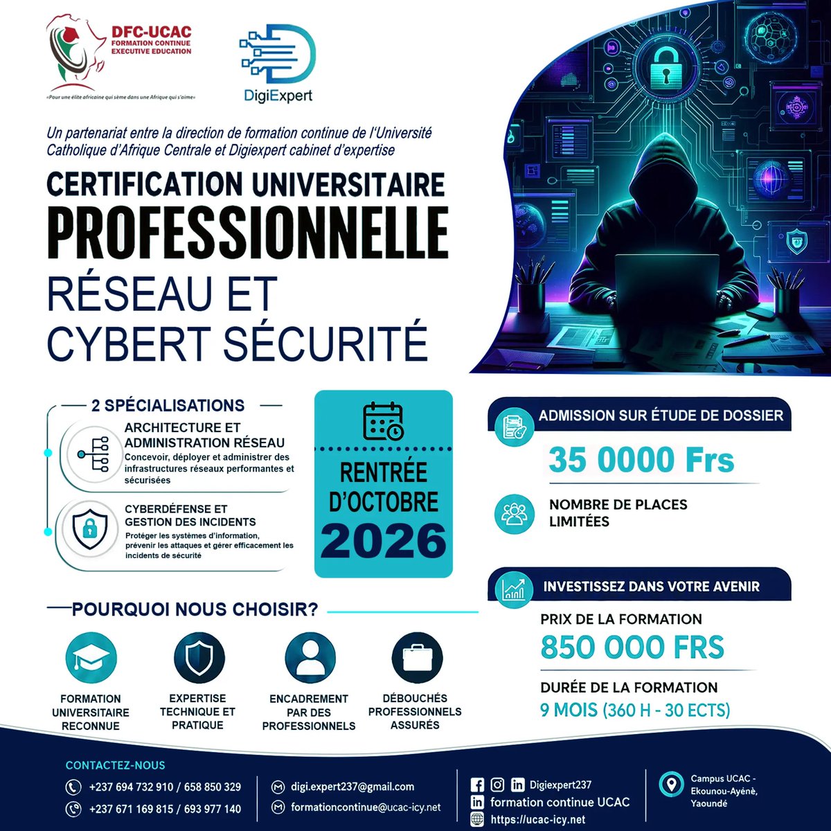 ExpertDigi7's tweet photo. 🌐 Réseaux &amp; Cybersécurité : formez-vous aux métiers de la sécurité numérique !
La DFC-UCAC en partenariat avec DigiExpert, propose un CUP avec 2 spécialisations :
🔹 Architecture &amp; administration réseau
🔹 Cyberdéfense &amp; gestion des incidents
#DigiExpert #UCAC #Certification https://t.co/9WHny6p4DT
