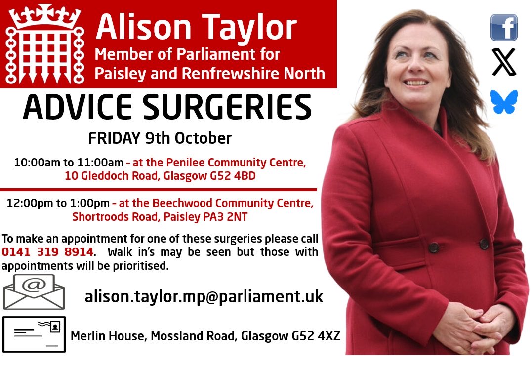 Alison_S_Taylor's tweet photo. Advice surgeries next Friday 9 October in #Penilee #Glasgow and #Shortroods #Paisley 👇 https://t.co/25QTylccOv