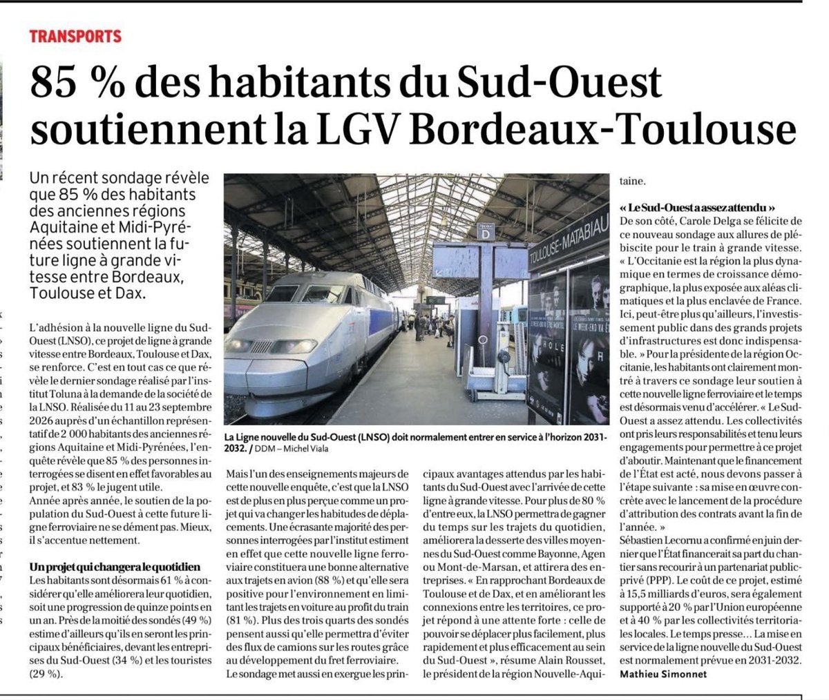 jlmoudenc's tweet photo. Le Sud-Ouest a assez attendu ! 

85 % des habitants soutiennent la LGV Bordeaux-Toulouse-Dax. Le financement est acté.

Il faut maintenant tenir les engagements, respecter le calendrier et aller jusqu’au bout. 🚄 https://t.co/LBft1ETsrr