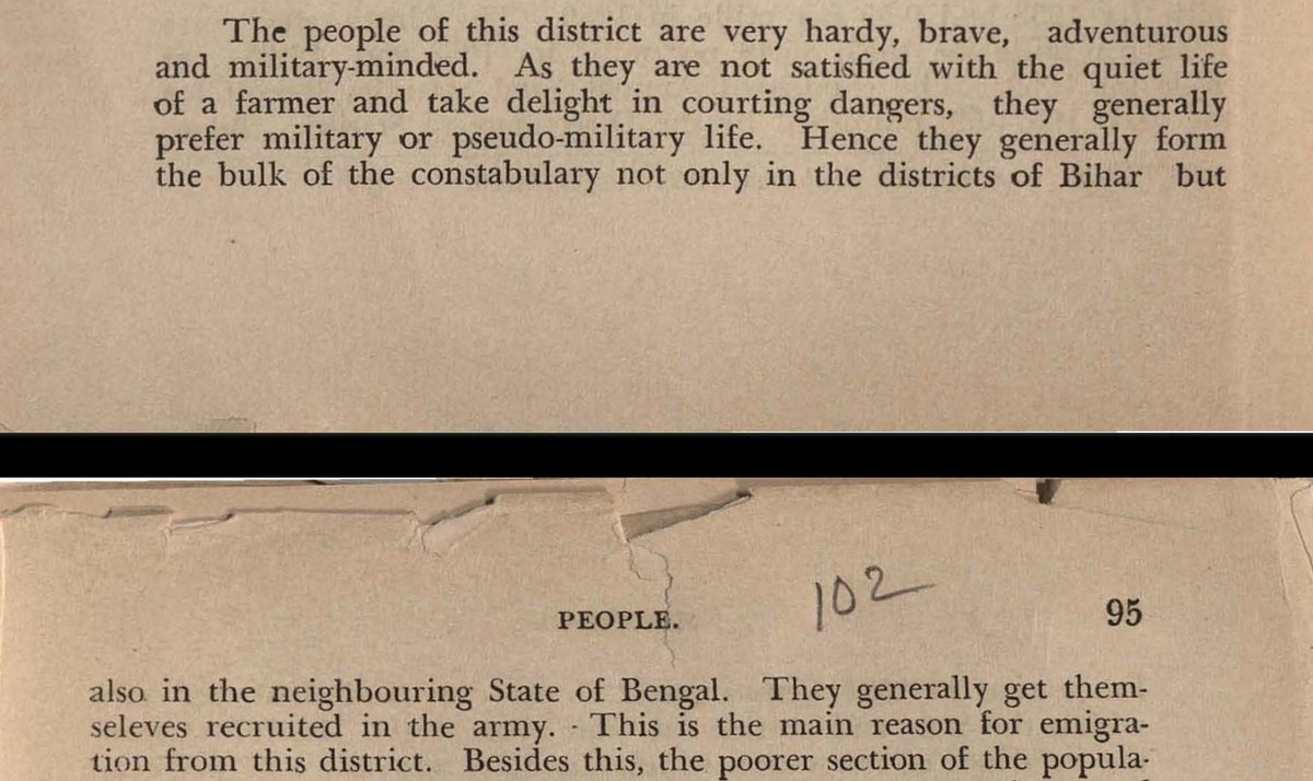 YADAVPILLED's tweet photo. इस जिले के लोग बहुत हृष्ट-पुष्ट/कठोर, बहादुर, साहसी और सैन्य-मानसिकता वाले हैं। चूँकि वे किसान के शांत जीवन से संतुष्ट नहीं होते और खतरों का सामना करने में आनंद लेते हैं, इसलिए वे सामान्यतः सैन्य या अर्ध-सैन्य जीवन को पसंद करते हैं। इसी कारण वे न केवल बिहार के जिलों में बल्कि पड़ोसी बंगाल प्रांत में भी कांस्टेबुलरी (पुलिस बल) का बड़ा हिस्सा बनाते हैं। वे आम तौर पर सेना में भर्ती हो जाते हैं। इस जिले से होने वाले प्रवासन का भी मुख्य कारण यही है।

- Bihar District Gazetteer on the Bhojpuri people of Shahabad