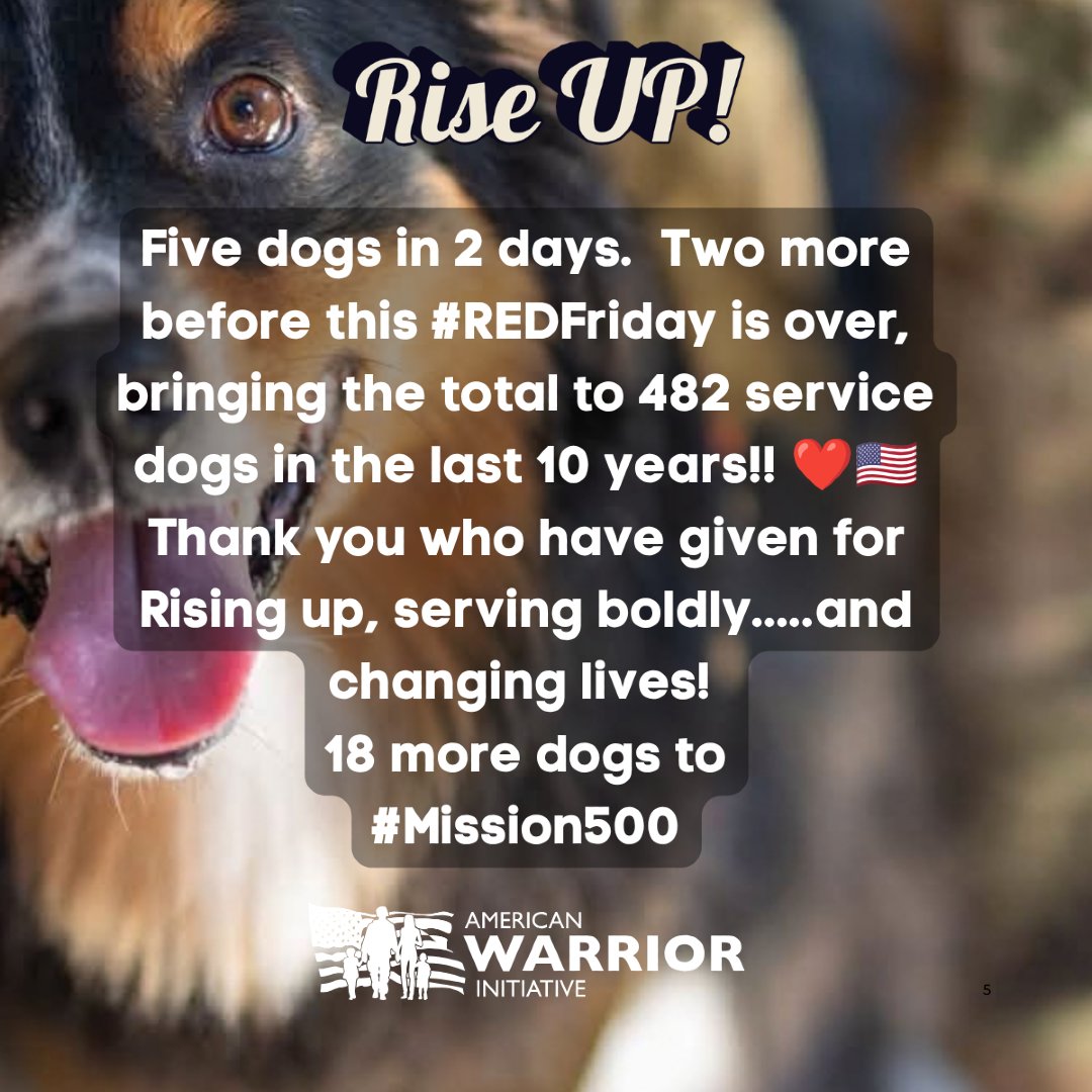 LouiseThaxton's tweet photo. Some weeks remind you why the mission matters. Five service dogs awarded in two days… and two more before this #REDFriday is over!

That’s 7 heroes. 7 battle buddies. 7 lives changed.   By this afternoon, AWI and the Fairway Nation will have funded 482 service dogs in 10 years.

That’s only 18 more to #Mission500! Our veterans and first responders showed up for us. Now we show up for them.

Rise up. Serve boldly. Change a life!