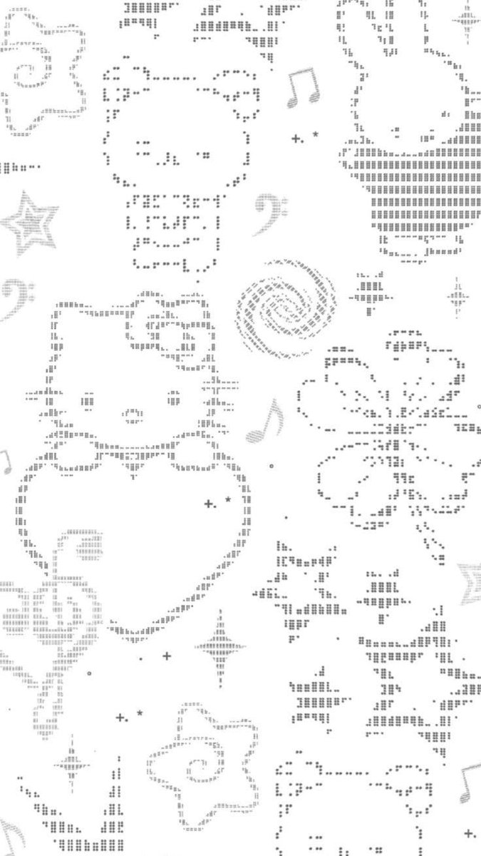 A repeating pattern featuring a Hello Kitty silhouette and character created entirely from ASCII text symbols and characters.