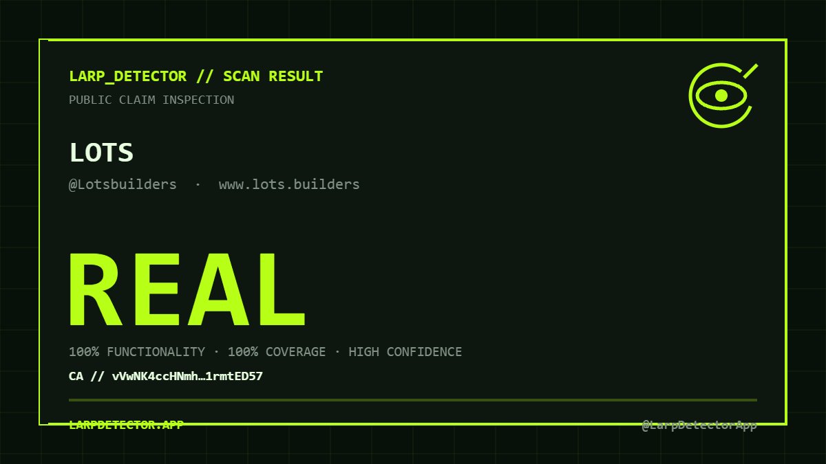 LarpDetectorApp's tweet photo. @Lotsbuilders · https://t.co/gYh9GCcIkz — REAL

100% functionality · 100% coverage · high confidence

Website: https://t.co/3rOhy1Ep6N
Full evidence: https://t.co/ACGCBVBwu6

via @LarpDetectorApp https://t.co/1rDpXoYEol