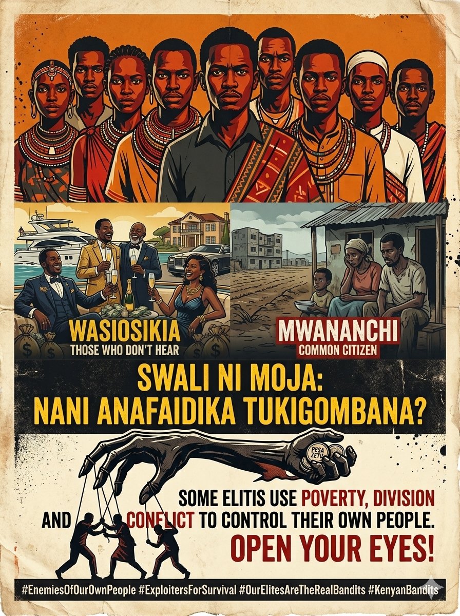 true_African1's tweet photo. Samburu si adui Turkana, Pokot si adui Marakwet. Borana, Somali, Rendille na Ilchamus si maadui.
Swali ni moja: nani anafaidika tukigombana? Some elites use poverty, division and conflict to control their own people. Open your eyes!
#EnemiesOfOurOwnPeople #ExploitersForSurvival https://t.co/eOxAX5FQiD