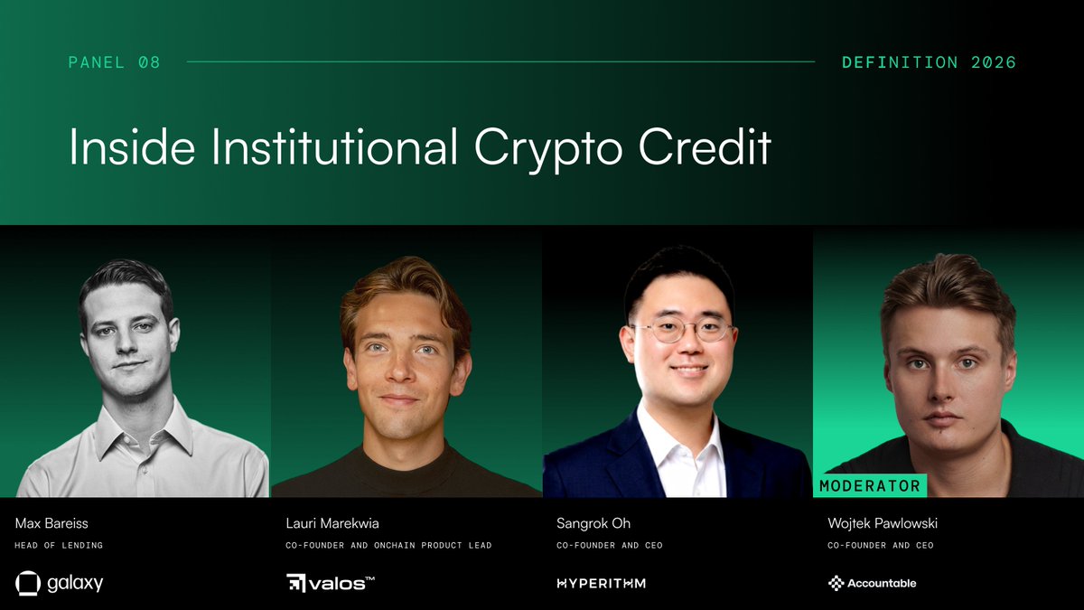 DeFinition_evt's tweet photo. Institutional crypto credit is scaling.

The mechanics are now sharper than in 2022, but has the risk actually changed?

On this topic, we'll have on stage:
Max Bareiss, @galaxyhq
Lauri Marekwia, @Valos_io 
Sangrok Oh, @hyperithm
Wojtek Pawlowski, @AccountableData https://t.co/htWj4b0yGe