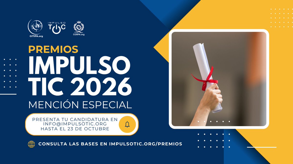 impulsotic's tweet photo. 👏 Una trayectoria dedicada a impulsar la disciplina informática merece ser reconocida. 

🌟 El Premio iTIC Mención Especial 2026 ensalza la labor y el trabajo encomiable de personas clave en el sector tecnológico. Candidaturas hasta el 23 de octubre.

https://t.co/RcCTjLoTGN https://t.co/nzX9VJ1qNp