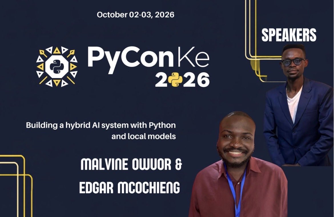 SLenapunya's tweet photo. Cloud + local AI : Why choose one?

Great session at #PyConKE by Malvine Owuor &amp; Edgar McOchieng on building hybrid AI systems with Python and local models.

Cost, privacy, security &amp; accessibility 
AI that fits our realities. 

#PyConKenya2026 #Python #AI https://t.co/wb8XnPM2OU
