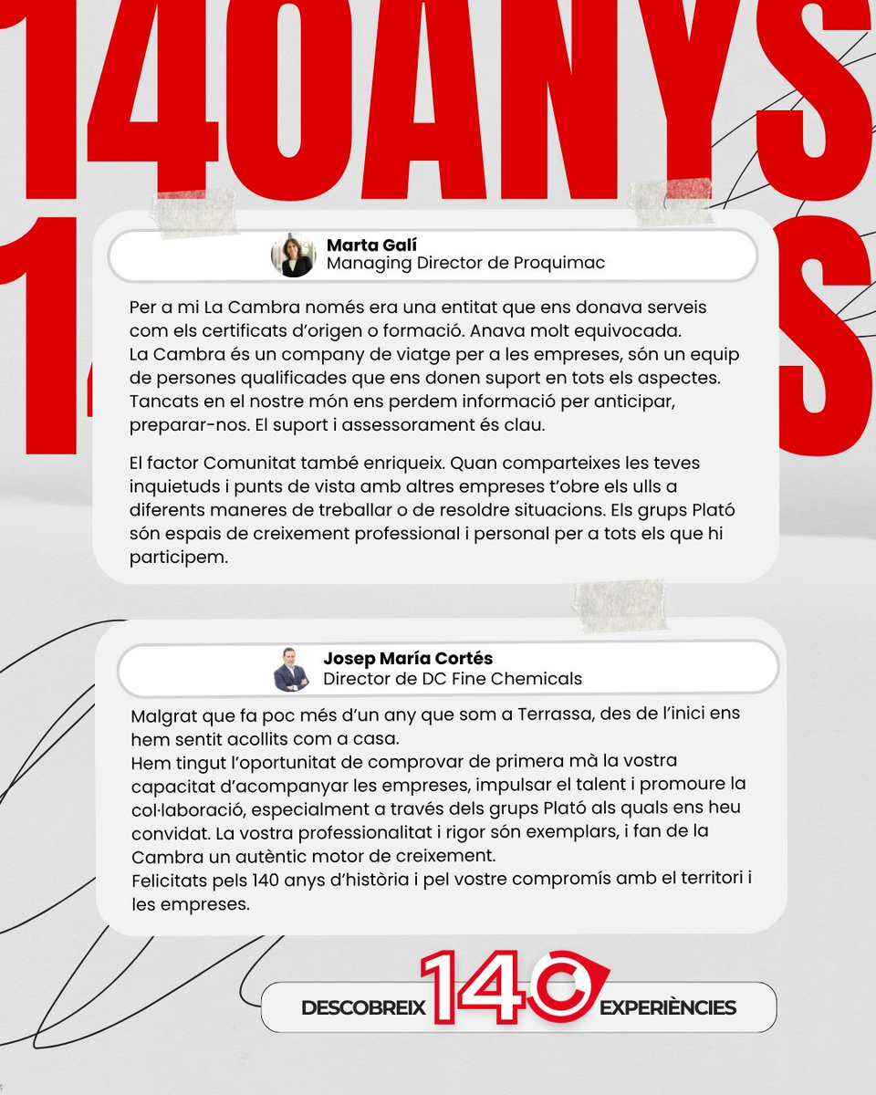 CambraTerrassa's tweet photo. Aquesta setmana, noves veus se sumen als #140anys! 🎉  
Compartim els testimonis de Marta Galí, Josep Maria Cortés, Anna Bosch i Jaume Cayetano.  

Quatre professionals que han volgut compartir amb nosaltres la seva experiència i sumar-se a aquesta celebració.
Gràcies!👉https://t.co/xwlecy2kGu
