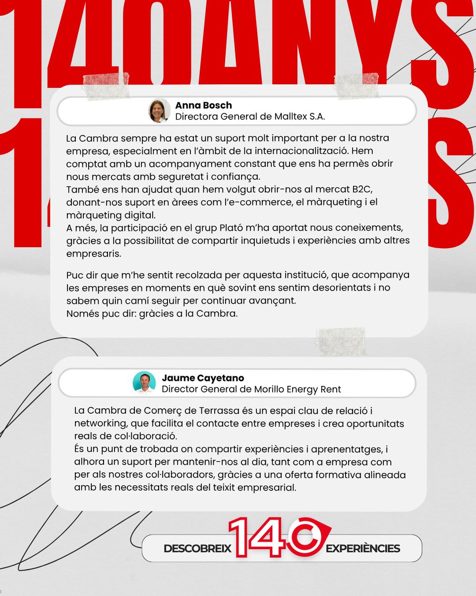 CambraTerrassa's tweet photo. Aquesta setmana, noves veus se sumen als #140anys! 🎉  
Compartim els testimonis de Marta Galí, Josep Maria Cortés, Anna Bosch i Jaume Cayetano.  

Quatre professionals que han volgut compartir amb nosaltres la seva experiència i sumar-se a aquesta celebració.
Gràcies!👉https://t.co/xwlecy2kGu