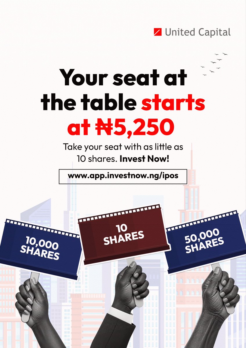 UnitedCap's tweet photo. You don’t need millions to pull up to this table.
With 10 shares from ₦5,250, you can take your first step towards owning a stake in the Dangote Refinery IPO.
Ready to get in?
Head to https://t.co/1c1MDZoqHF and subscribe now.
#UnitedCapital #DangoteIPO #InvestNow https://t.co/wKnP38iGLE