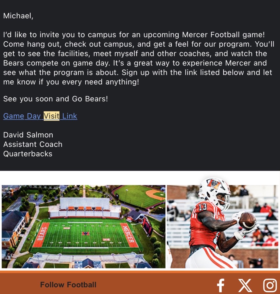 MichaelQB2027's tweet photo. Thank you for the game day invite @Coach_D_Salmon I look forward to coming down there and seeing what Mercer is all about!! @RecruitGeorgia @hopo125 @247recruiting @Rivals https://t.co/xYaq0vrLbx