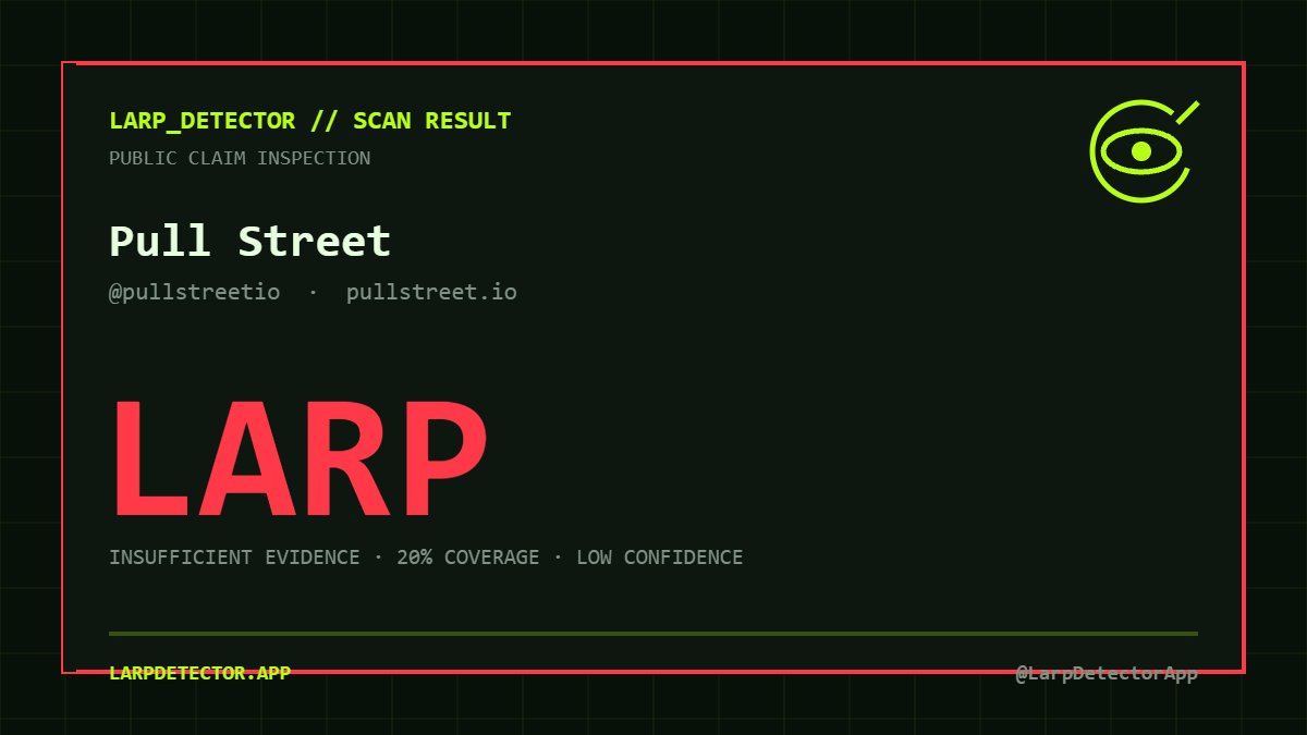 LarpDetectorApp's tweet photo. @pullstreetio · https://t.co/0wMtw6rIvl — LARP

Insufficient evidence · 20% coverage · low confidence

Website: https://t.co/u4xS139G3o
Full evidence: https://t.co/7YB6o9hLaS

via @LarpDetectorApp https://t.co/M7aHojxJ6c