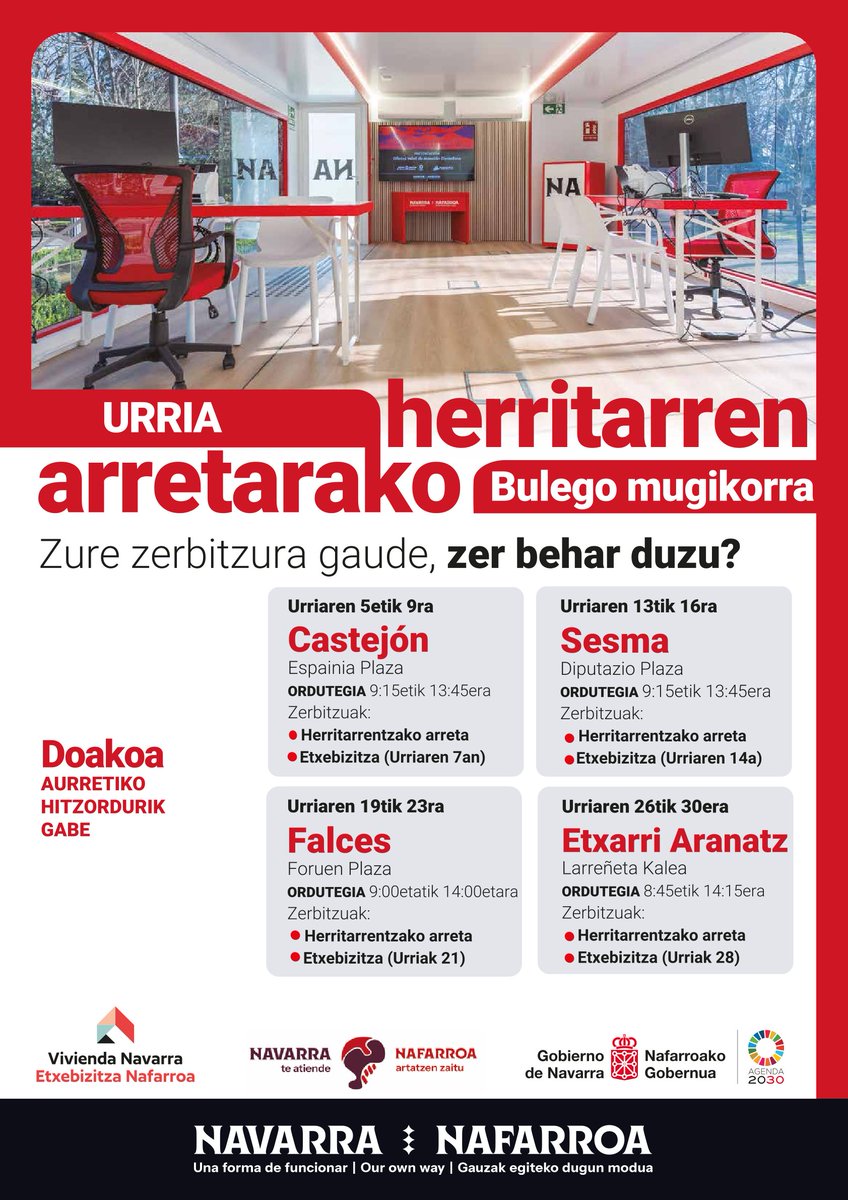 gob_na's tweet photo. 🚐 URRIAN, Bulego Mugikorrak Castejon, Sesma, Faltzes eta Etxarri Aranatz herriak zeharkatuko ditu

📍Astea CASTEJONgo Espainia Plazan hasiko du

· Herritarrentzako arreta: 9:15-13:45
· Etxebizitza (asteazkena, 7): 9:15-13:45

ℹ️ Info gehiago: https://t.co/rxfpb6mTks

@NASERTIC https://t.co/hdv3evQlRK