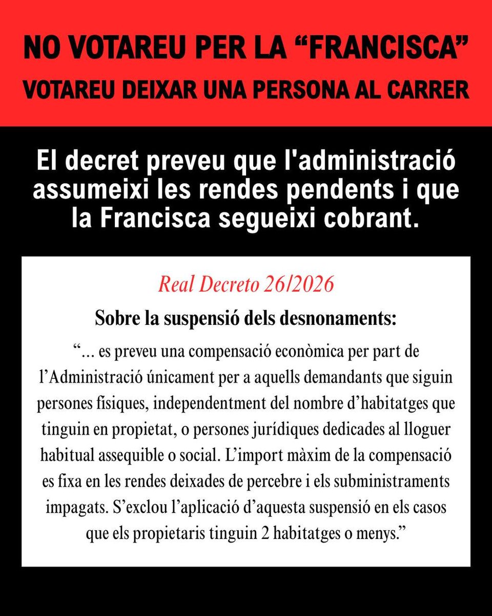 SindicatLloguer's tweet photo. @JuntsXCat 🔴FAKE NEWS @JuntsXCat : No votareu per la "Francisca", votareu per deixar una persona al carrer. El decret preveu que l'administració assumeixi les rendes pendents i que la Francisca segueixi cobrant. Vergonya. https://t.co/wdDMtUES8P