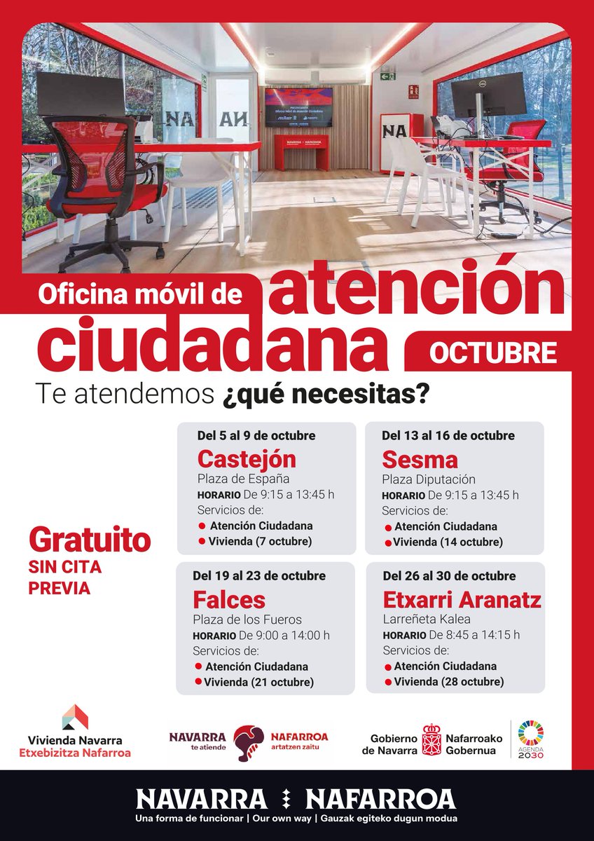 gob_na's tweet photo. 🚐 En OCTUBRE, la Oficina Móvil recorrerá las localidades de Castejón, Sesma, Falces y Etxarri Aranatz

Comenzamos la semana en: 
📍Plaza de España de CASTEJÓN 

· Atención Ciudadana: 9:15-13:45
· Vivienda (Miércoles 7): 9:15-13:45

ℹ️Más info: https://t.co/AtjYdXA2RF

@NASERTIC https://t.co/GTTvp8kDEJ