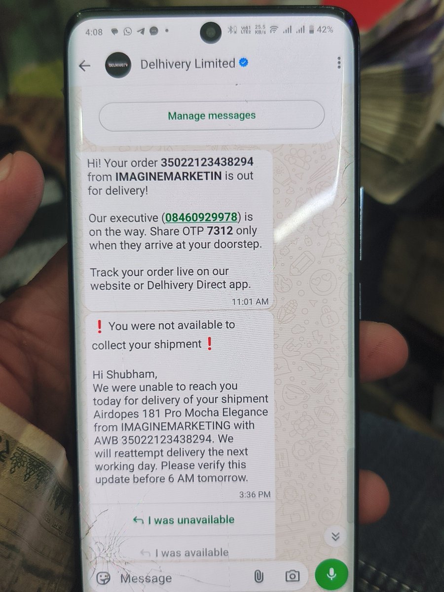 Shubha33214's tweet photo. @delhivery @RockWithboAt 
I call the delivery boy he said I'm not doing delivery in your area 
His name is vinay according to him
How delivery harrase customer and send fake message as customer is not rechable 
Who is answerable to customer https://t.co/1Zx4St7Vth