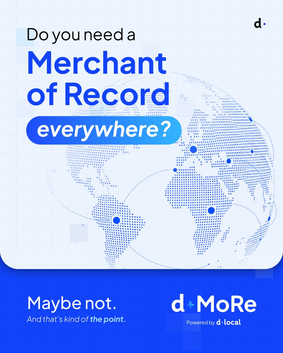 dLocalPayments's tweet photo. Do you need a Merchant of Record absolutely everywhere? Maybe not.

Use it where the market calls for it. Keep your existing dLocal setup where it works. Change the model as you grow.

#dMoRe #dLocal #MerchantOfRecord #GlobalGrowth #EmergingMarkets https://t.co/muiIRbJDhm